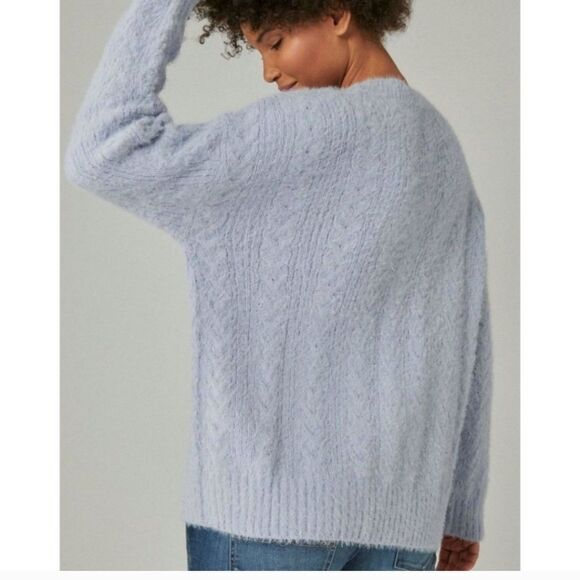Lucky Brand V-Neck Relaxed Fit Eyelash Sweater softer-than-soft sz S blue cable - Picture 3 of 11